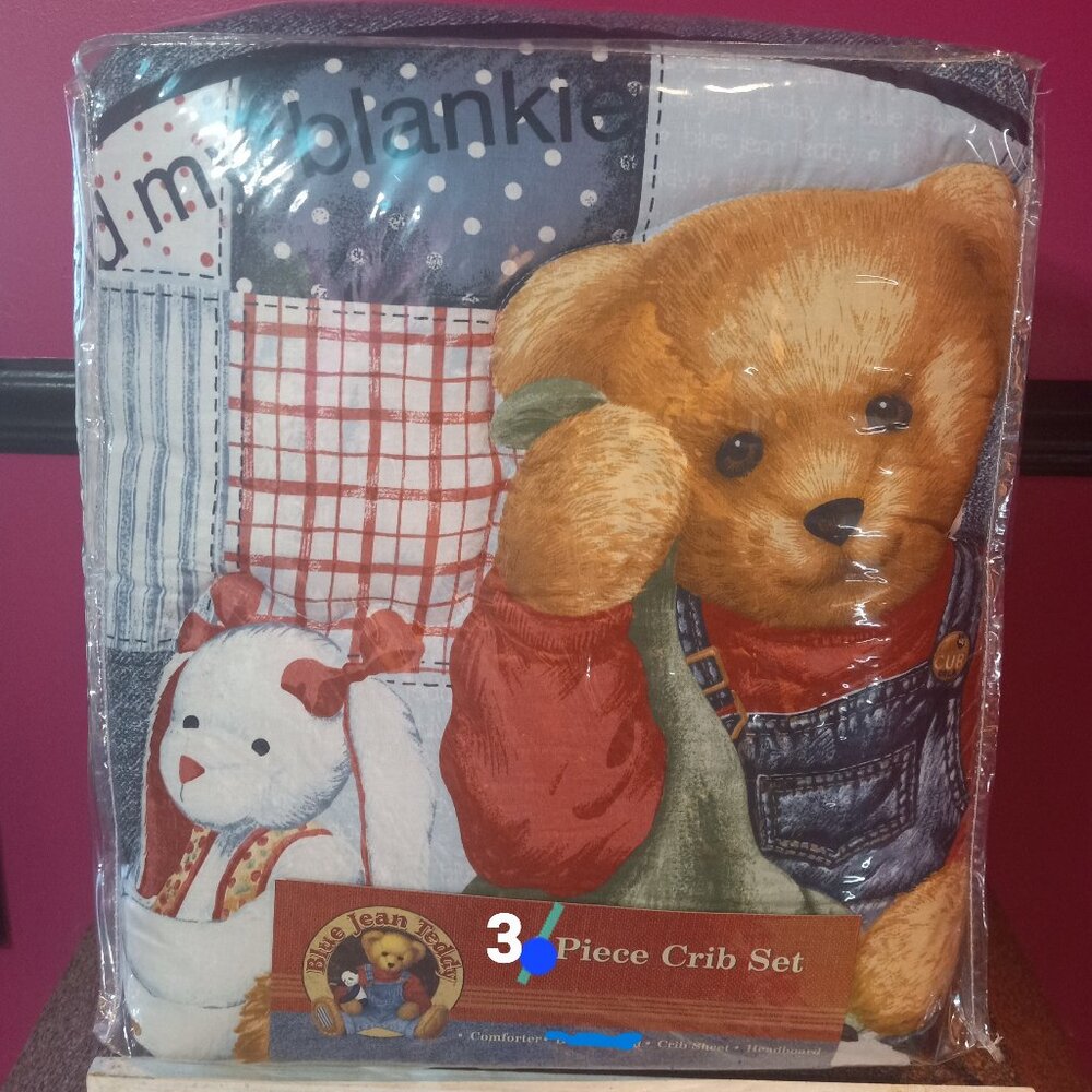 Blue Jean Teddy Bear 3 Piece Baby Crib in a Bag Comforter Crib Sheet Headboard